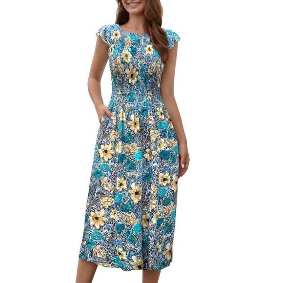 Womens Floral Print Round Neck Smocked Midi A-Line Dress With Pocket Blue2 X-La - Picture 1 of 3